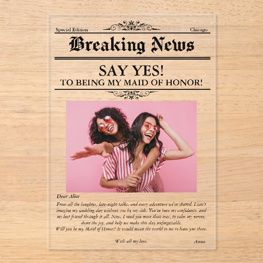 Zeitung Foto Trauzeugin oder Bridesmaid Acryleinladungen (Vorderseite)