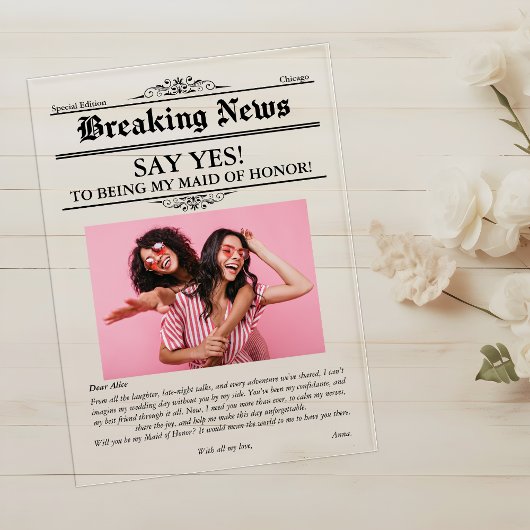 Zeitung Foto Trauzeugin oder Bridesmaid Acryleinladungen