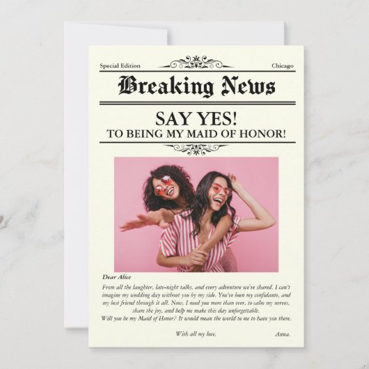 Zeitung Foto Trauzeugin oder Bridesmaid Einladung (Vorderseite)
