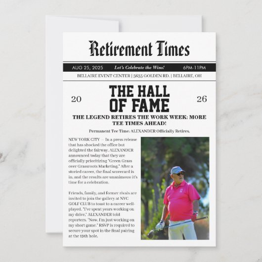 Zeitung Golf Ruhestandsfeier Einladung (Vorderseite)