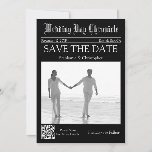 Zeitung Hochzeit 1 Foto QR-Code Save the Date (Vorderseite)