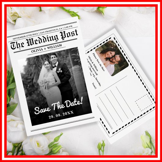 Zeitung Hochzeit Moderne Elegant Save the Date Postkarte