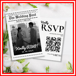 Zeitung Hochzeit Moderner Eleganter QR-Code RSVP Karte