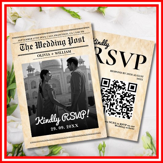 Zeitung Hochzeit rustikal Elegant QR Code RSVP Karte