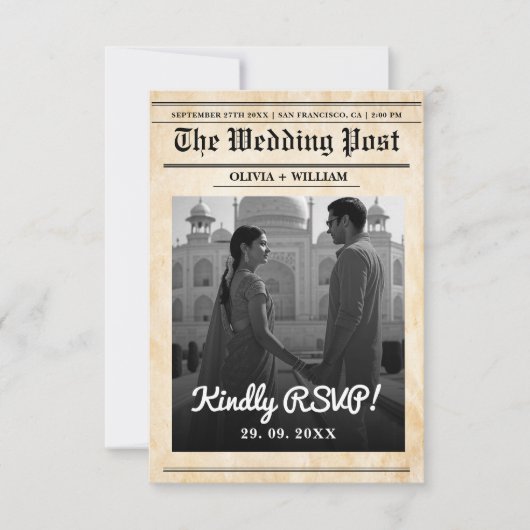 Zeitung Hochzeit rustikal Elegant QR Code RSVP Karte (Vorderseite)