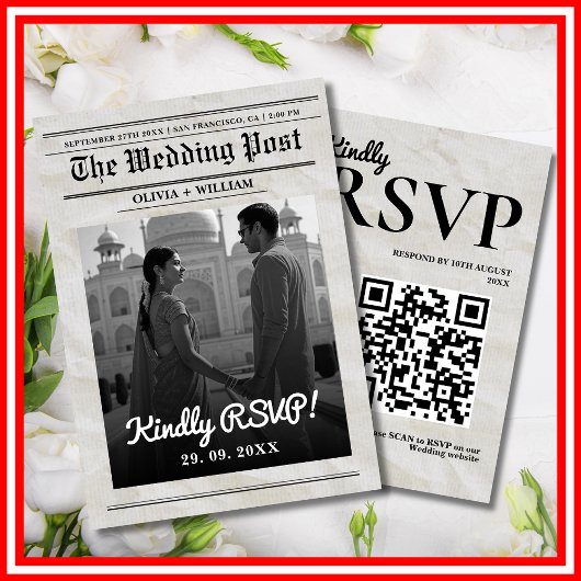 Zeitung Hochzeit Vintag Elegant QR Code RSVP Karte