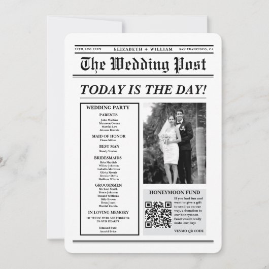 Zeitung Hochzeitsprogramm Einzigartiges Modernes E Einladung (Vorderseite)