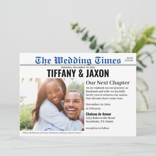 Zeitung Horizontal Blue Wedding Einladung (Stehend Vorderseite)