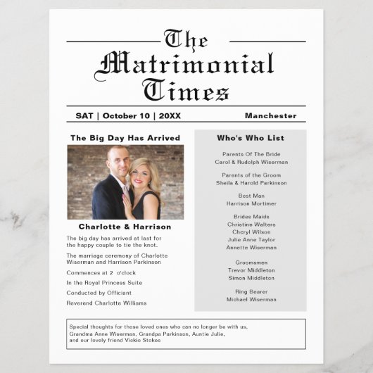 Zeitung im Flyer-Stil für Hochzeitsprogramme (Vorne)