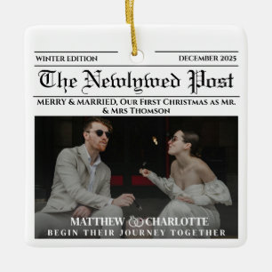 Zeitung Merry and Married Holiday Newlywed Foto Keramikornament