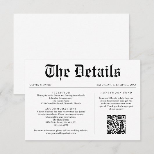 Zeitung QR Code Eindeutige Hochzeitdetails Begleitkarte (Vorne/Hinten)