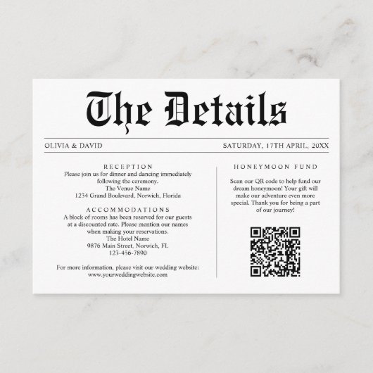 Zeitung QR Code Eindeutige Hochzeitdetails Begleitkarte (Vorderseite)