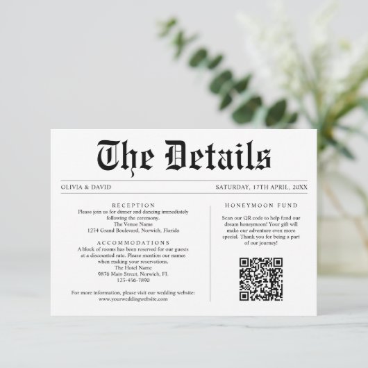 Zeitung QR Code Eindeutige Hochzeitdetails Begleitkarte (Stehend Vorderseite)