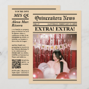 Zeitung Quinceanera Elegante moderne Foto-QR-Code Einladung
