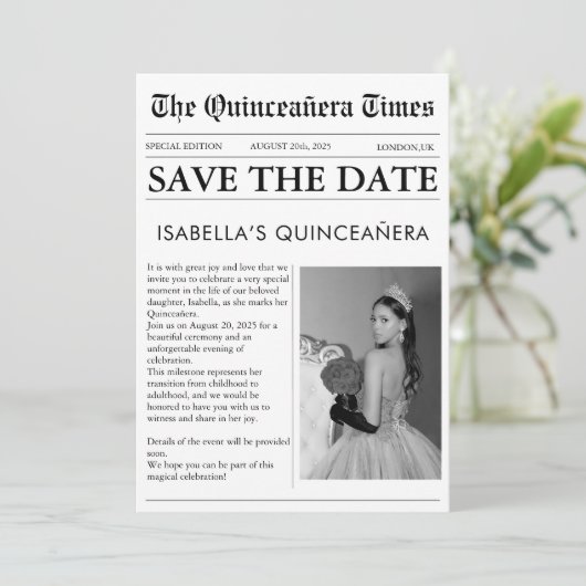 Zeitung schwarz-weiß einzigartig Quinceanera Save The Date (Stehend Vorderseite)