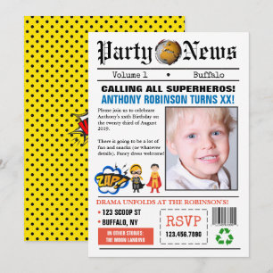 Zeitung-Superhelden-Geburtstagsfeier-Foto-Einladun Einladung