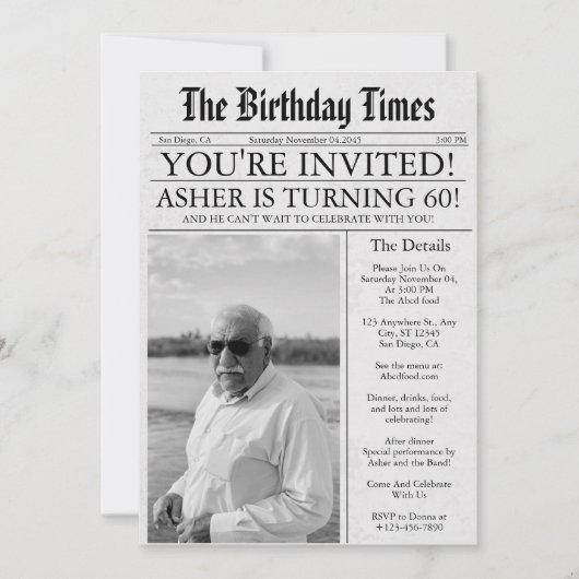 Zeitung Unique Fun 60. Geburtstag Foto Party Einladung (Vorderseite)