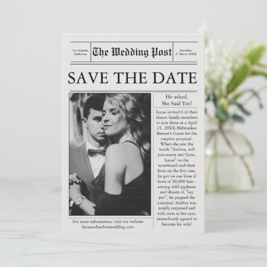 Zeitungs-Foto Save the Date Hochzeit Einladung (Stehend Vorderseite)