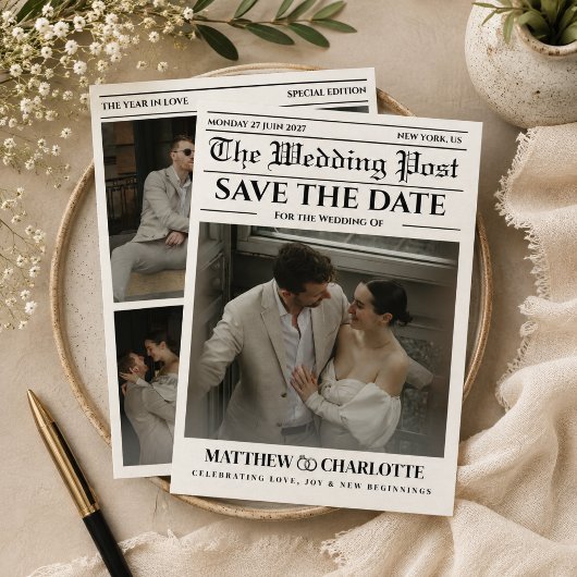 Zeitungs-Hochzeitskarte 'Save the Date'