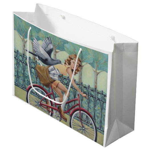 Zeitungs-Mädchen-u. Fahrrad-Geschenk-Tasche Große Geschenktüte (Vorderseite Schrägansicht)