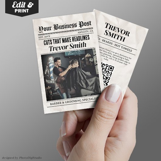 Zeitungs-Visitenkarte, Stylist "Barber & Grooming" Telefonnummerkarte