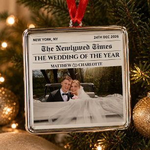 Zeitungs-Weihnachts-Paar Frischvermählte Foto Erst Ornament Aus Metall