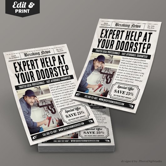 Zeitungsdienste-Flyer, Retro-Werbung für kleine Un Flyer