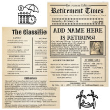 Zeitungseinladung „Retirement Times“ im Vintage-St