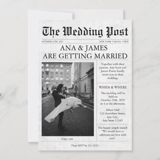 Zeitungseinladung zur Hochzeit Niedlich Einladung (Vorderseite)