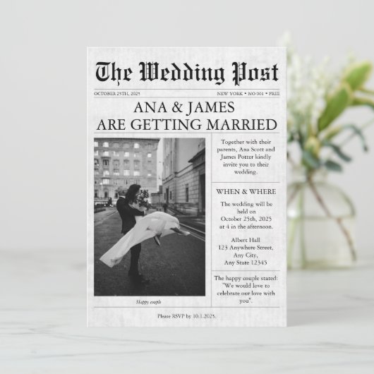 Zeitungseinladung zur Hochzeit Niedlich Einladung (Stehend Vorderseite)