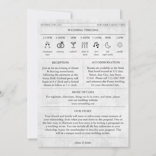 Zeitungseinladung zur Hochzeit Niedlich Einladung (Rückseite)