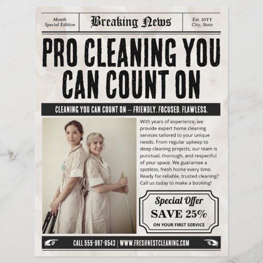 Zeitungsservice Flyer, Retro Zuhause Reinigungsdie Flyer (Vorne)