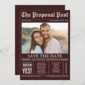 Zeitungsstil Burgundy Red Save the Date Foto (Vorne/Hinten)