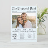 Zeitungsstil Spaß Dusty Blue Save the Date Foto (Stehend Vorderseite)
