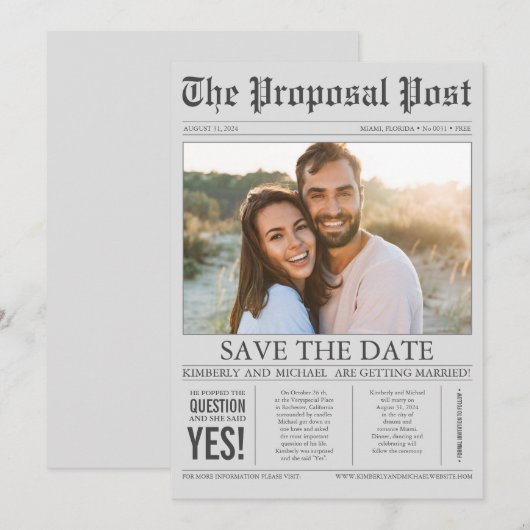 Zeitungsstil Spaß Grau Save the Date Foto (Vorne/Hinten)