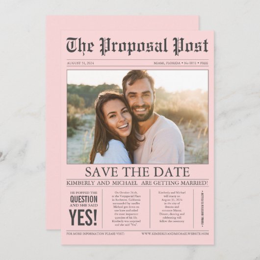 Zeitungsstil Spaß Rosa Save the Date Foto (Vorne/Hinten)