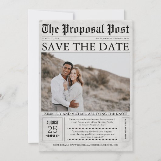 Zeitungsstil Spaß Save the Date Foto (Vorderseite)