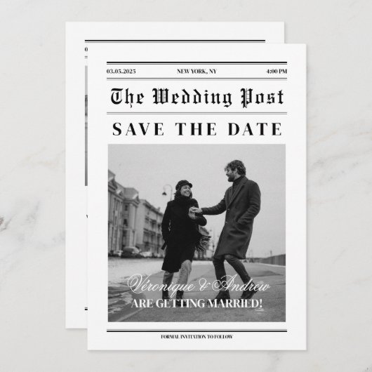 Zeitungsstil Spaß Save the Date Foto Einladung (Vorne/Hinten)