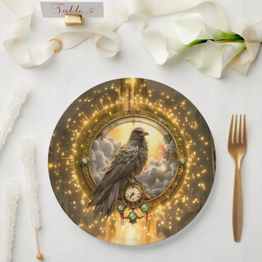 Zeitwächter Rabe – Gothic Uhrwerk Pappteller (Hochzeit)