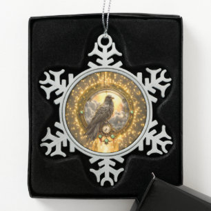 Zeitwächter Rabe – Gothic Uhrwerk Schneeflocken Zinn-Ornament
