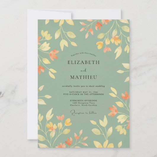 Zeladon-Ocker-Blatt-Hochzeit Einladung (Vorderseite)