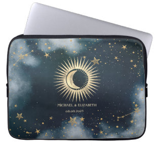Zelengoldene Sonne, Mond und Sterne Nachthimmel Laptopschutzhülle