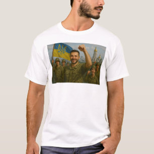 Zelensky in Kiew mit ukrainischen Verteidigern T-Shirt
