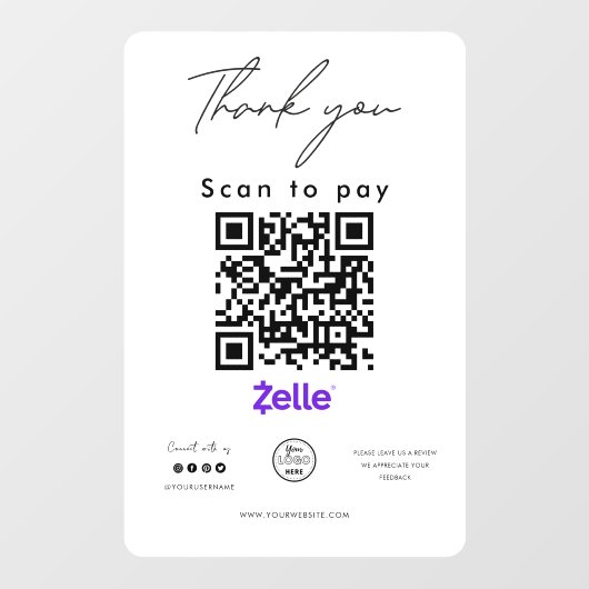 Zelle QR Code Logo Scan to Pay Vielen Dank Fensteraufkleber (Blatt)