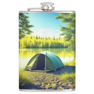 Zelt in einem schönen Wald am See Flachmann