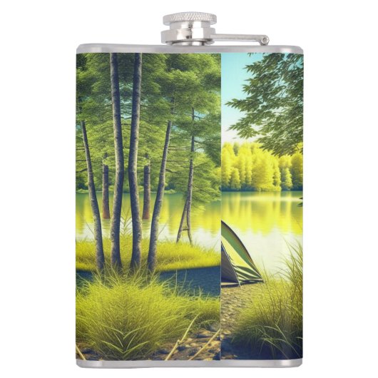 Zelt in einem schönen Wald am See Flachmann (Rückseite)