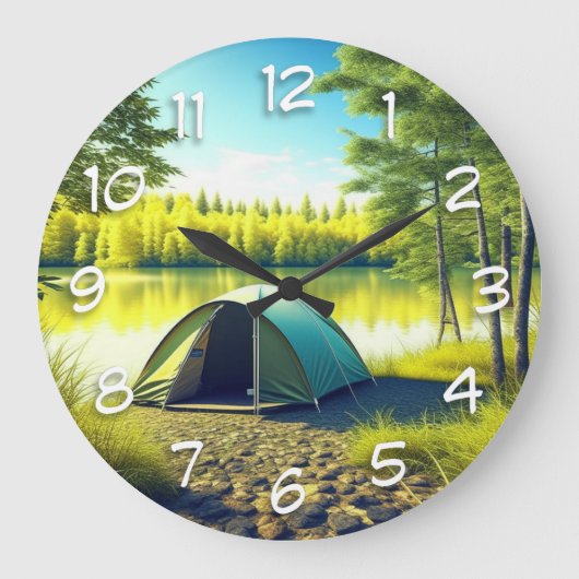 Zelt in einem schönen Wald am See Große Wanduhr (Vorderseite)