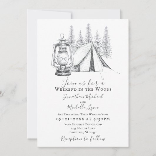 Zelt-, Lantern- und Woodland-Sketch-Camping Hochze Einladung (Vorderseite)
