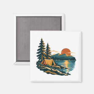 Zelt und Kiefern Camping am Seeufer bei Sonnenunte Magnet