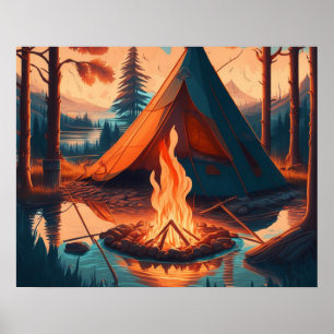 Zelt und Lagerfeuer im Vintage-Farben Kunststil Poster